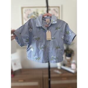 NWT Industry Striped Embroidered Floral Boxy Crop Shirt Blue Womens Size Medium